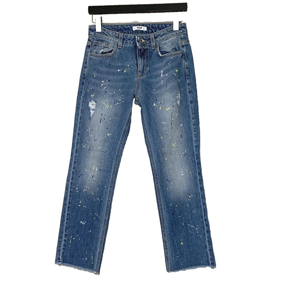 MSBM Fray Hem Paint Splatter Denim Jeans Girls 27 Blue $105 Made in Italy EUC